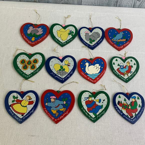 Vintage 1993 Lillian Vernon 12 Days of Christmas Painted Wooden Heart Ornaments
